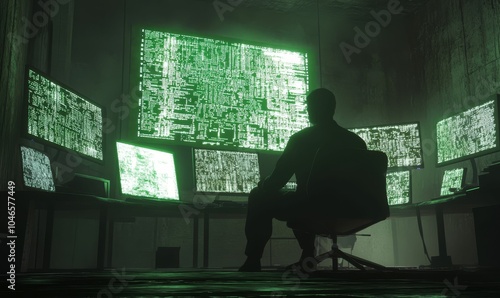 Silhouetted hacker sits before multiple monitors displaying code. photo