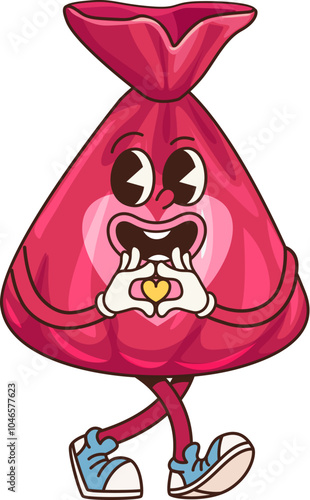 Retro groovy candy sweet character making a heart gesture with hands, exudes love, joy nostalgia. Cartoon vector sweet truffle treat personage showcasing 70s vibe, vibrant wrapper and fun expressions
