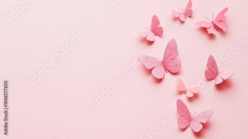 Photo of, Pink background with minimalist geometric butterfly motifs for design, banner template