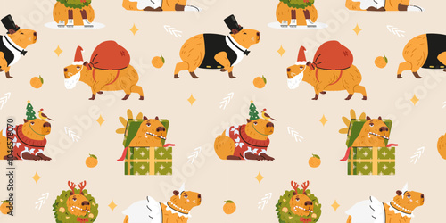 Christmas seamless pattern with funny capybaras in costumes and hats, Christmas wreath, ball dress, sitting in gift box vector illustrations.