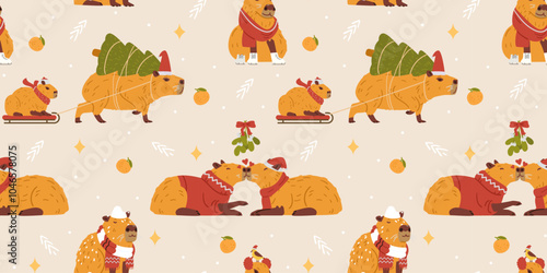 Christmas seamless pattern with funny capybaras in costumes and hats, sweaters and scarfs vector illustrations.