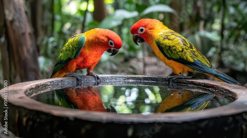 Colorful Parrots at a Water Source in Tropical Setting