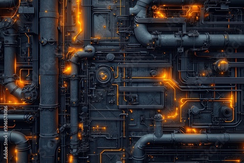 Abstract industrial pipes with vibrant orange and black design, perfect for modern phone wallpapers and tech visuals