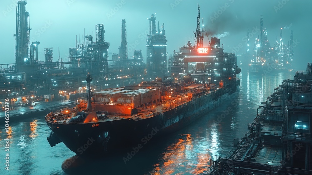 Fototapeta premium A high-tech cargo ship is docked in a futuristic port