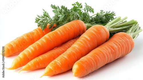 A bunch of freshly harvested organic carrots with vibrant orange hues and lush green leaves, showcasing their natural beauty and freshness ideal for health enthusiasts. photo