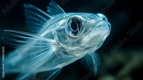 A close-up image showcasing a transparent fish with ghostly features in dark waters, highlighting its unique fins, scales, and large eye against the dark background. photo