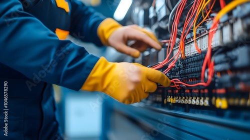 Mechanic troubleshooting and inspecting electrical wiring connections in the undercarriage of an aircraft with wires and connectors visible during the maintenance and repair process
