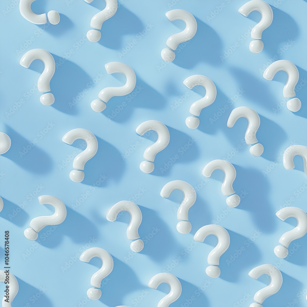 This image shows numerous white question marks scattered across a pastel blue background, representing inquiry, curiosity, and the pursuit of knowledge. This image shows numerous white question marks scattered across a pastel blue background, representing inquiry, curiosity, and the pursuit of knowledge.