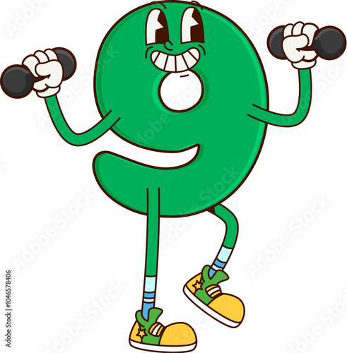 Math number nine groovy cute character on fitness. Kids education digit 9 happy retro vector personage, mathematics number or school math numeric symbol groovy character doing exercise with dumbbells