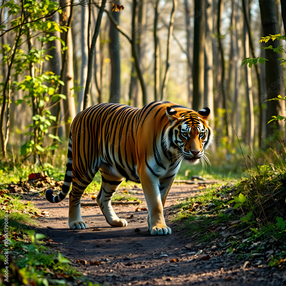 Fototapeta premium A tiger is walking on a path in the woods