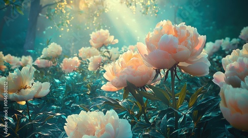 Mystical Peony Grove with Iridescent Blooms and Lush Greenery