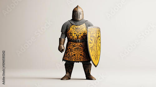 Medieval knight in full armor with ornate yellow and black tabard and shield featuring intricate designs, standing against a neutral background. photo