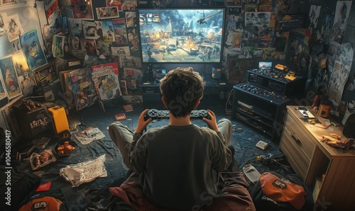 A gamer plays video games in a messy room.