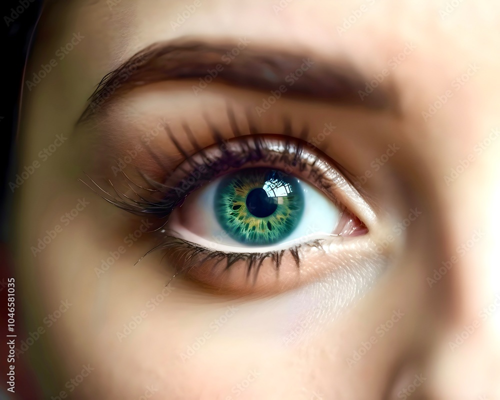 Fototapeta premium Close-up of beautiful female eye of green colour with long eyelashes on light background. Poster. Banner. Copy space. 