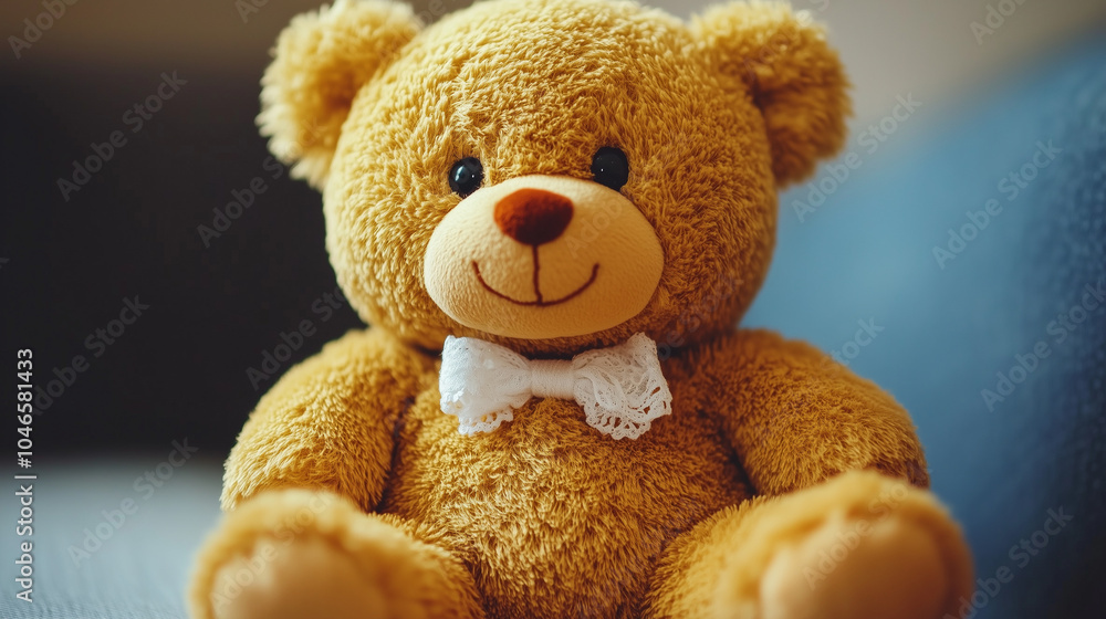 Fototapeta premium Cute brown teddy bear with a lace bowtie sitting on a couch.
