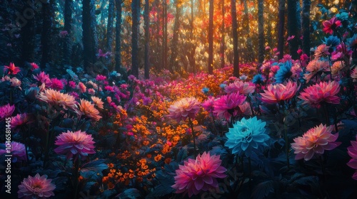 Magical Iridescent Dahlia Forest   A Dreamlike Floral Landscape of Vibrant Color and Ethereal Beauty