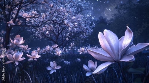 Magical Magnolia Grove with Dreamy Starlit Blossoms in Night Garden