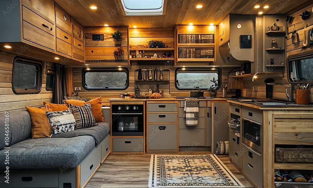 Cozy, modern camper van interior with kitchen and living space. Cozy, modern camper van interior with kitchen and living space.