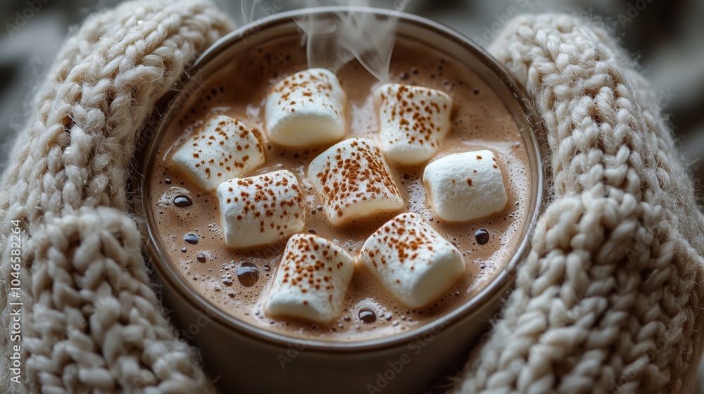 Warm cup of hot chocolate with marshmallows held in cozy hands during a cold winter afternoon Warm cup of hot chocolate with marshmallows held in cozy hands during a cold winter afternoon