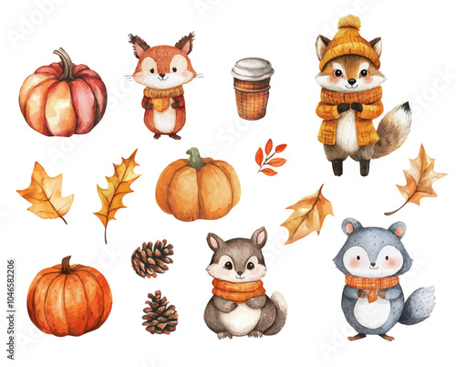 Collection of autumn and winter elements,  vector set,  watercolor. Colorful and cute clip art illustrations, perfect for greeting cards, invitations, banners, posters, textile, covers.
