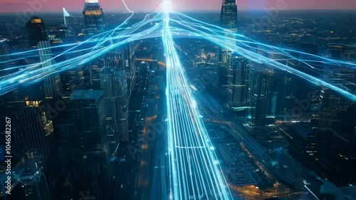 digital pathways cityglowing modern nighttime network view ai footage city building futuristic light glowing neon landscape night illuminated skyscraper connection pathway urban cyber technology arch