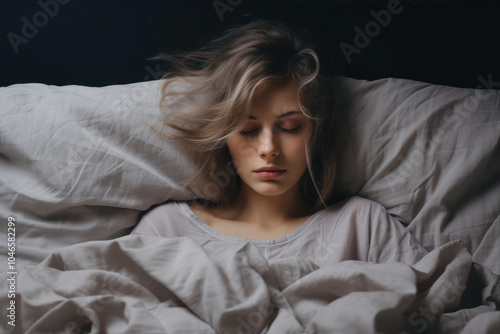 A Woman Peacefully Sleeping With an Eye Patch in a Cozy Grey Bed Surrounded by Soft Pillows photo