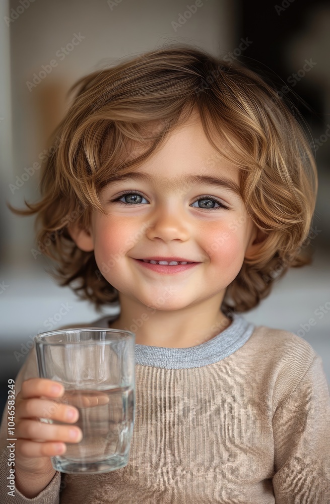 A cute little boy with light brown hair, holding a glass of water and smiling at the camera
