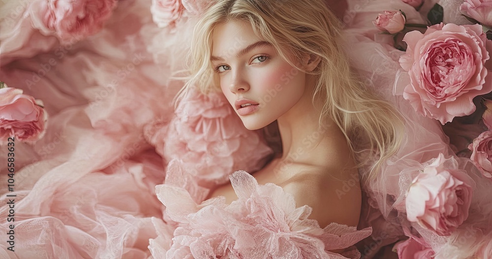 a blonde woman in a pink dress, surrounded by roses, with soft pastel colors and lighting a blonde woman in a pink dress, surrounded by roses, with soft pastel colors and lighting