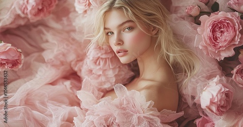 a blonde woman in a pink dress, surrounded by roses, with soft pastel colors and lighting