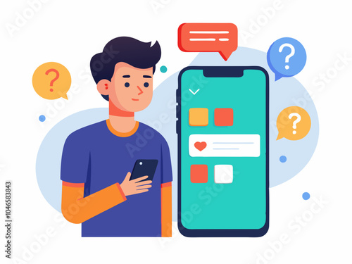 A young man with a curious expression looks puzzled while interacting with a large smartphone displaying a messaging app.