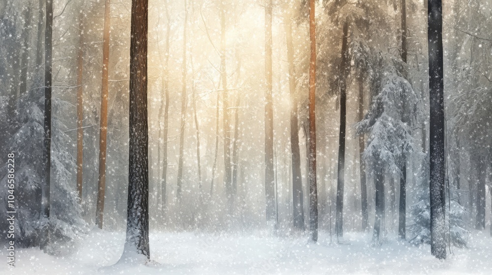 Snowy winter forest with frost-covered trees and a winding path beneath a clear sky Snowy winter forest with frost-covered trees and a winding path beneath a clear sky