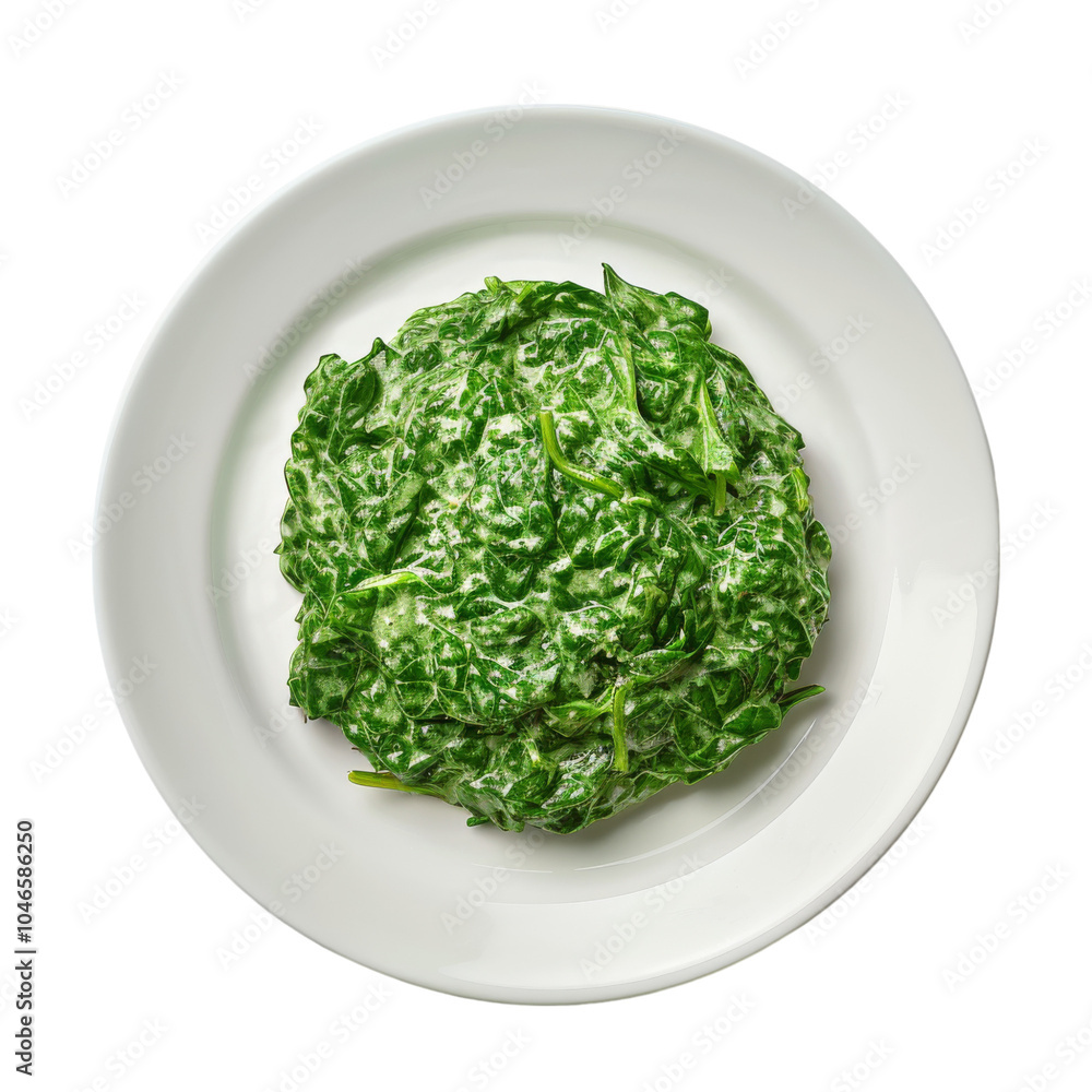 Creamed Spinach on a white plate, isolated transparent background, Generative AI