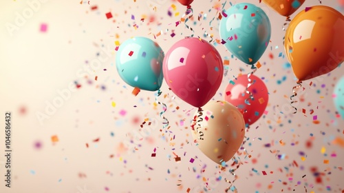 A vibrant display of colorful balloons set against a soft background, cascading with festive confetti, perfectly capturing a joyful celebration atmosphere. photo