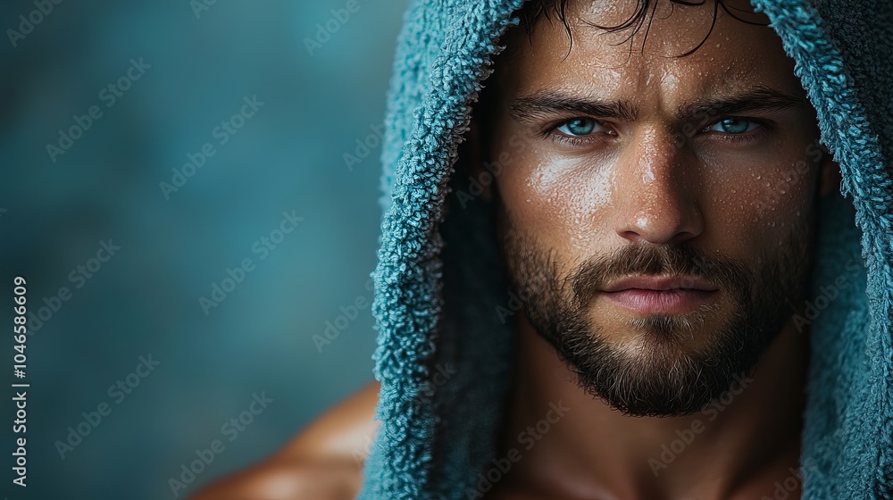 A close-up image of a man's wet face, wrapped in a blue towel, showcasing his determined expression, emphasizing resilience and confidence through modern portraiture. A close-up image of a man's wet face, wrapped in a blue towel, showcasing his determined expression, emphasizing resilience and confidence through modern portraiture.