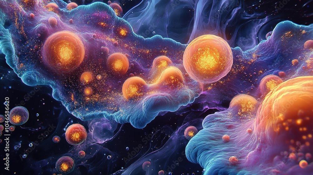 Digital illustration contrasting healthy cells enhanced by vitamin C in luminous colors with unhealthy cells in monochrome Digital illustration contrasting healthy cells enhanced by vitamin C in luminous colors with unhealthy cells in monochrome