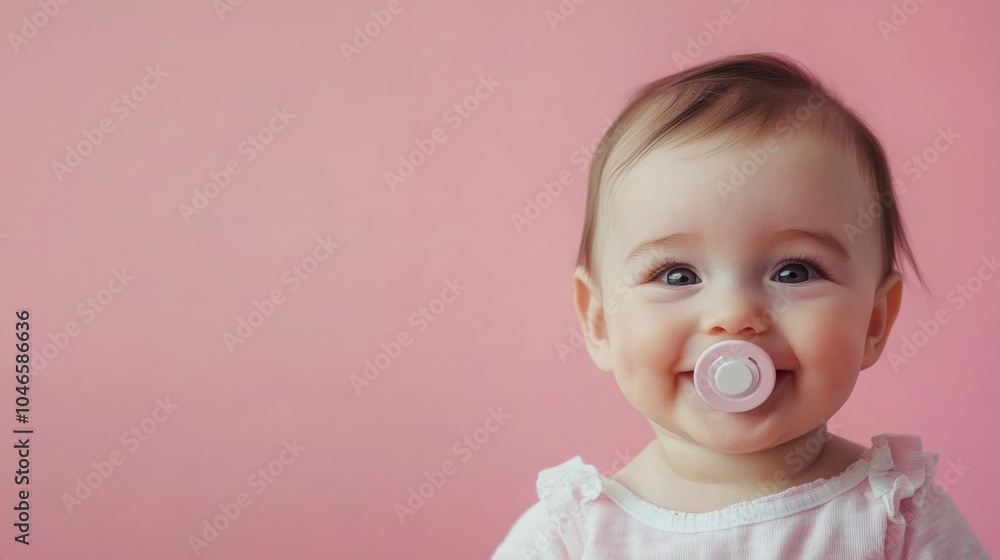 A cheerful baby girl wearing a light outfit smiles brightly while holding a pacifier, set against a soft pink background. Generative AI A cheerful baby girl wearing a light outfit smiles brightly while holding a pacifier, set against a soft pink background. Generative AI