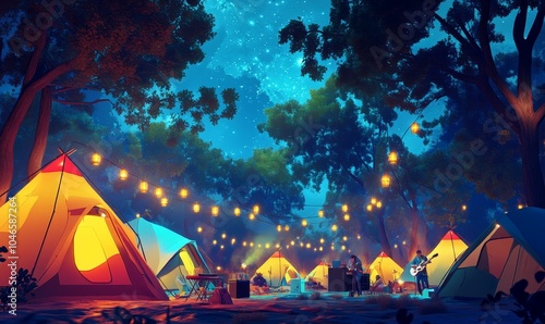 Campsite with tents, lights, and people. photo