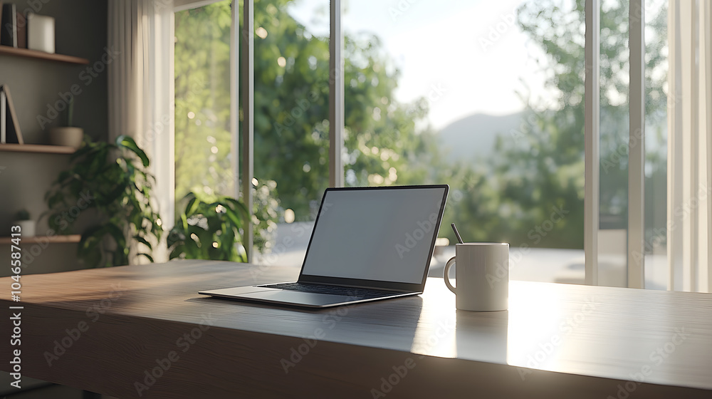 Bright workspace with a laptop and coffee cup surrounded by greenery during morning sunlight Bright workspace with a laptop and coffee cup surrounded by greenery during morning sunlight