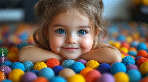 A joyful child with sparkling blue eyes is playfully lying face down in a vibrant, colorful ball pit, creating a scene of innocence and happiness.