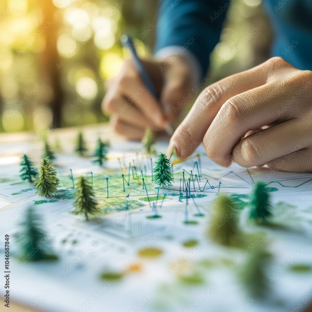 Close-up Of A Hand Making Model Of Ecology On Paper For Environmental Protection Initiative. Close-up Of A Hand Making Model Of Ecology On Paper For Environmental Protection Initiative.