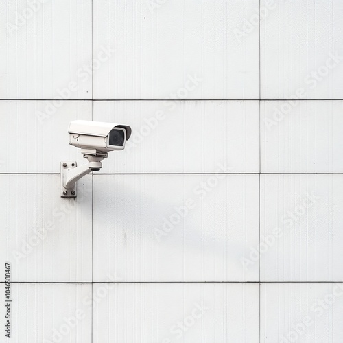 A sleek surveillance camera mounted on a plain white wall, capturing the essence of modern security and technology in contemporary urban environments. Minimalistic elegance.