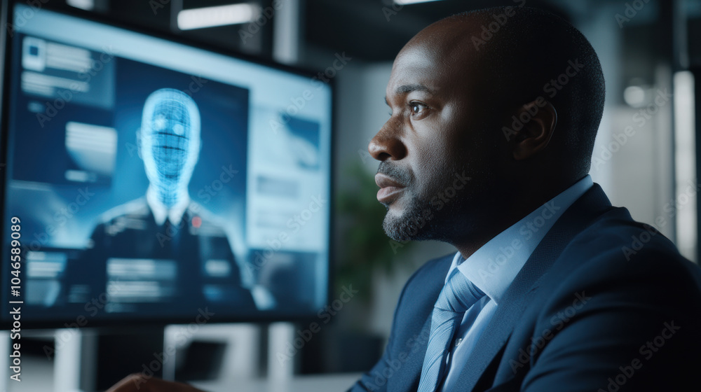 Fototapeta premium Businessman Analyzing Digital Identity Data on Futuristic Screen, Focused businessman interacting with a digital interface displaying virtual identity and data analysis in a modern corporate setting.