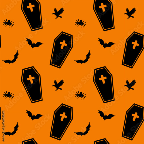 Seamless Halloween pattern with tombs, bats, spiders on orange background. Vector illustration photo