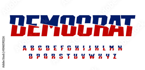 Split geometric alphabet, sharp offset letters, red and blue impactful statement font for political typography, election headline, striking USA-themed font. Vector typeset.