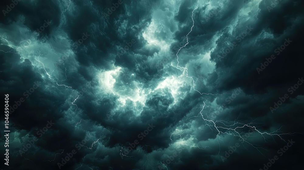 Fototapeta premium Dramatic storm clouds with lightning illuminating the dark sky.