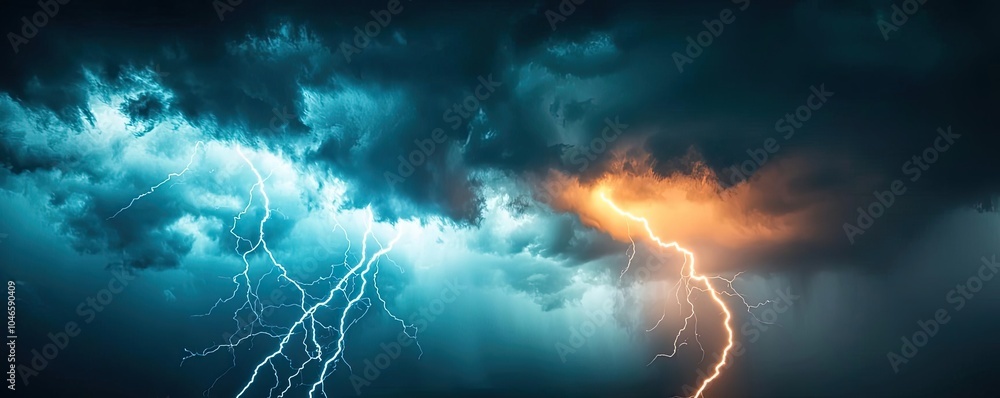 Dramatic thunderstorm with lightning and dark clouds on a vibrant sky. Dramatic thunderstorm with lightning and dark clouds on a vibrant sky.