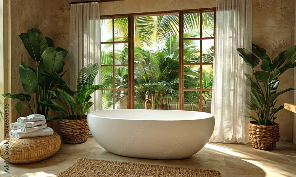 Serene bathroom with a freestanding tub and lush greenery. Serene bathroom with a freestanding tub and lush greenery.