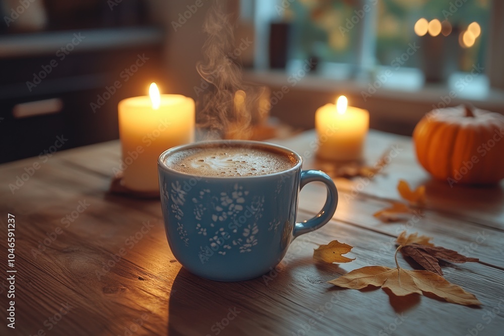 cozy autumn coffee scene, a warm chicory coffee sits on a wooden table in a cozy kitchen, surrounded by autumn decor and flickering candles cozy autumn coffee scene, a warm chicory coffee sits on a wooden table in a cozy kitchen, surrounded by autumn decor and flickering candles