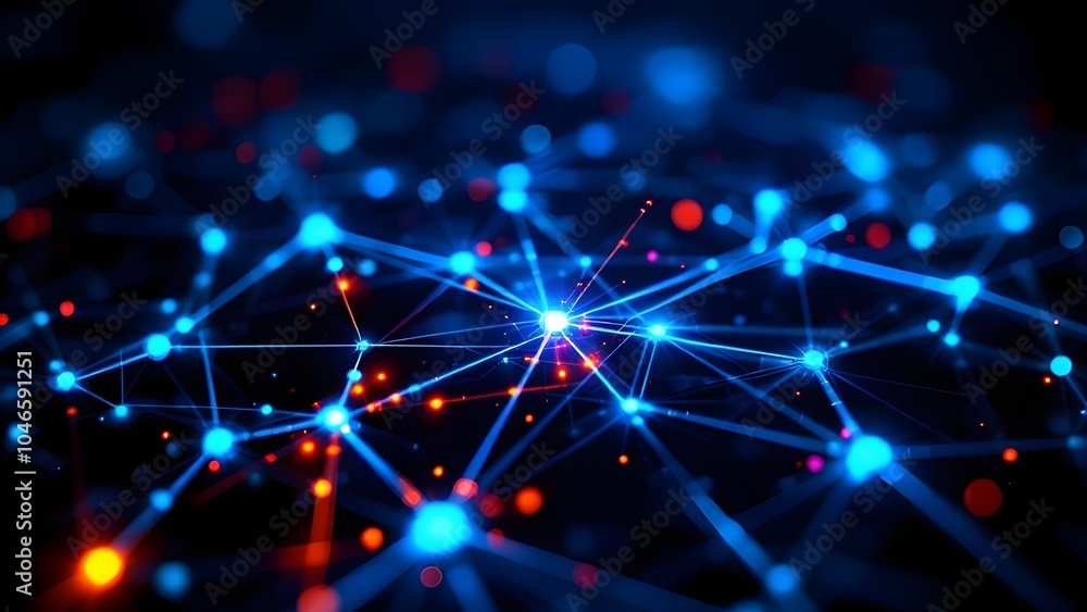 Fototapeta premium Network Connection Glow with Blue and Orange Dots on Dark Background, generative AI