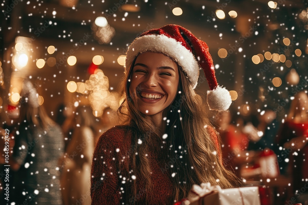 Joyful Woman in Santa Hat with Falling Snow Joyful Woman in Santa Hat with Falling Snow
